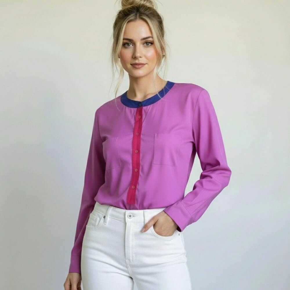 GO by GO SILK Purplish Pink and Blue Colorblock Long Sleeve Blouse Size Large